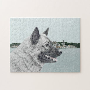 Norwegian Elkhound at Village Painting - Dog Art Jigsaw Puzzle