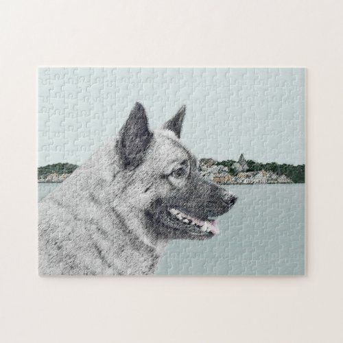 Norwegian Elkhound at Village Painting _ Dog Art Jigsaw Puzzle