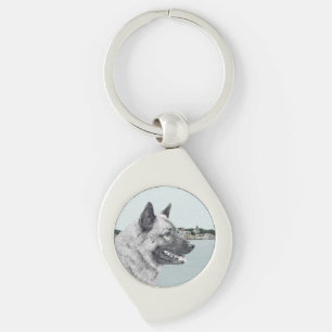 Norwegian Elkhound at Village Painting - Dog Art Keychain