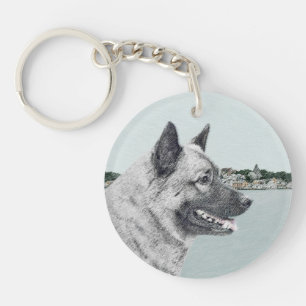 Norwegian Elkhound at Village Painting - Dog Art Keychain