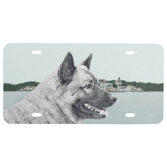 Norwegian Elkhound at Village Painting - Dog Art License Plate (Front)