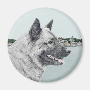 Norwegian Elkhound at Village Painting - Dog Art Magnet