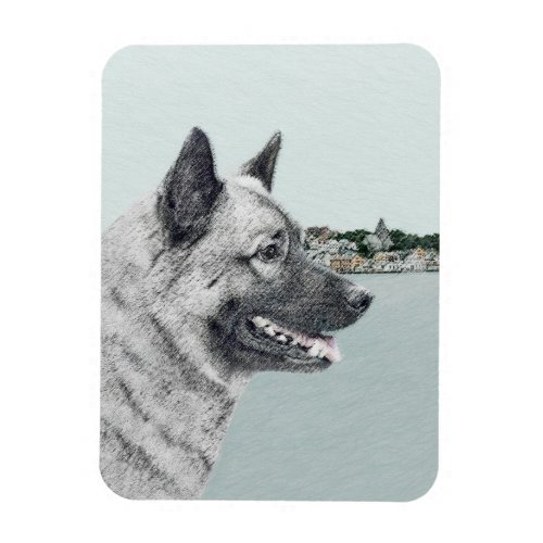Norwegian Elkhound at Village Painting _ Dog Art Magnet