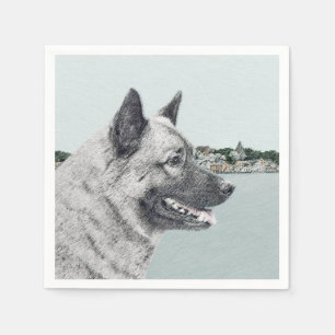 Norwegian Elkhound at Village Painting - Dog Art Napkins