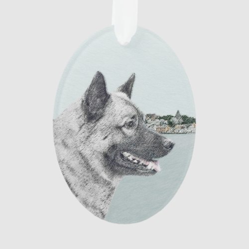 Norwegian Elkhound at Village Painting _ Dog Art Ornament