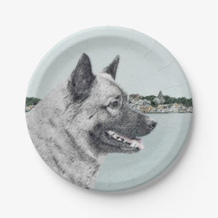 Norwegian Elkhound at Village Painting - Dog Art Paper Plates
