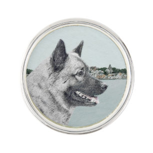Norwegian Elkhound at Village Painting - Dog Art Pin