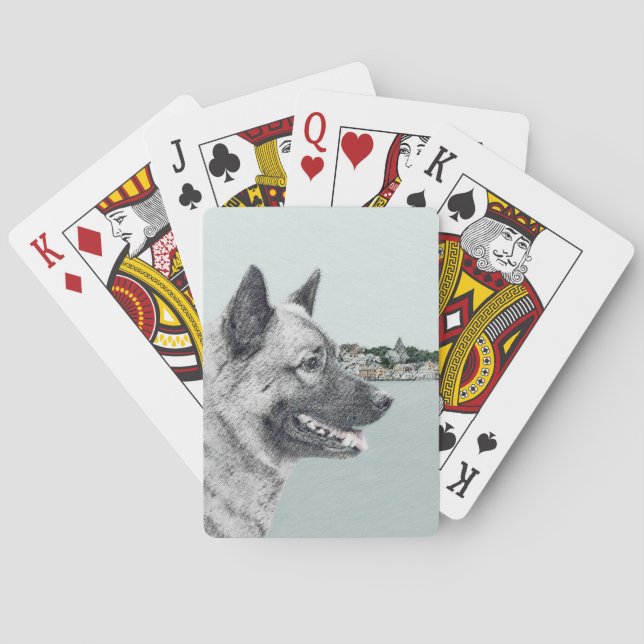 Norwegian Elkhound at Village Painting - Dog Art Poker Cards (Back)