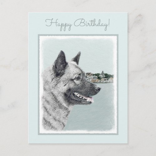 Norwegian Elkhound at Village Painting _ Dog Art Postcard