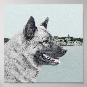 Norwegian Elkhound at Village Painting - Dog Art Poster