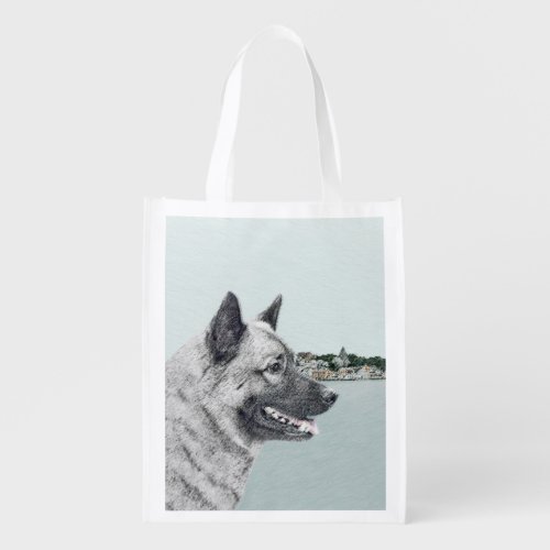 Norwegian Elkhound at Village Painting _ Dog Art Reusable Grocery Bag