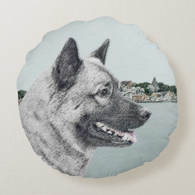 Norwegian Elkhound at Village Painting - Dog Art Round Pillow (Back)