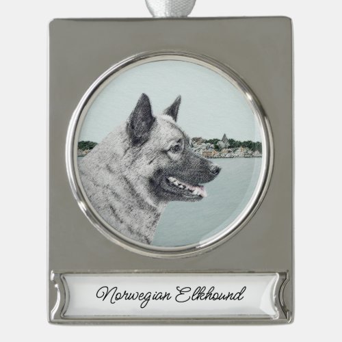 Norwegian Elkhound at Village Painting _ Dog Art S Silver Plated Banner Ornament