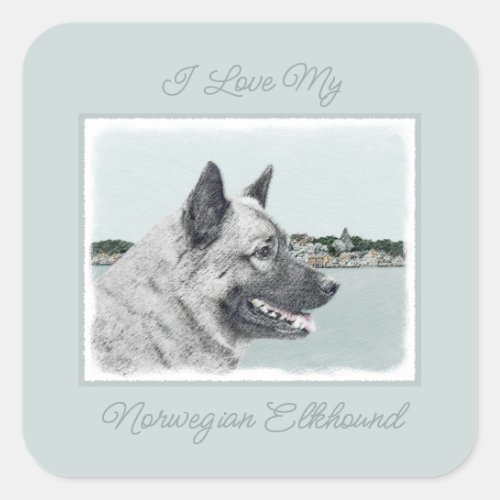 Norwegian Elkhound at Village Painting _ Dog Art S Square Sticker