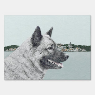 Norwegian Elkhound at Village Painting - Dog Art Sign
