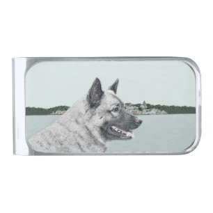 Norwegian Elkhound at Village Painting - Dog Art Silver Finish Money Clip