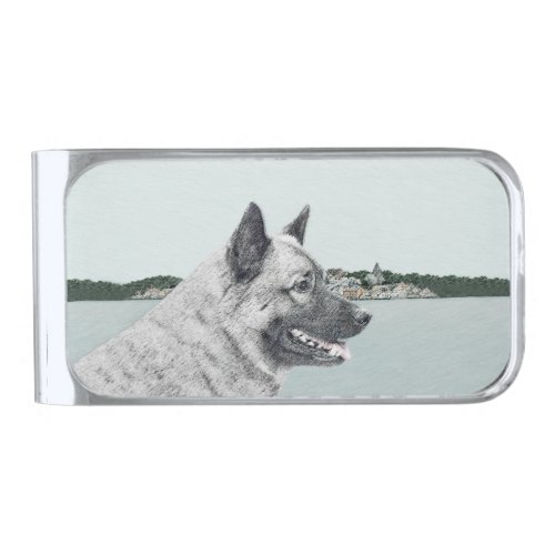 Norwegian Elkhound at Village Painting _ Dog Art Silver Finish Money Clip