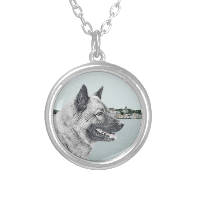 Norwegian Elkhound at Village Painting - Dog Art Silver Plated Necklace (Front)
