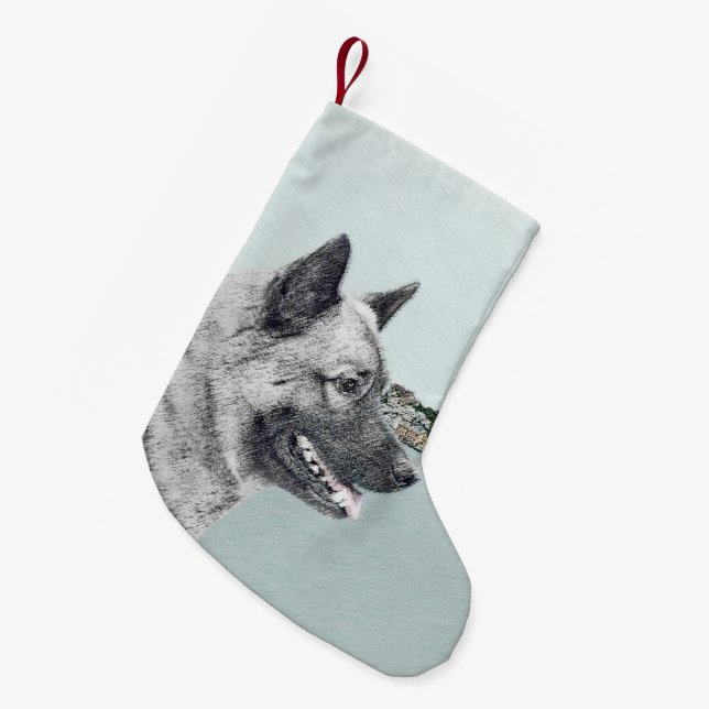Norwegian Elkhound at Village Painting - Dog Art Small Christmas Stocking (Front (Hanging))