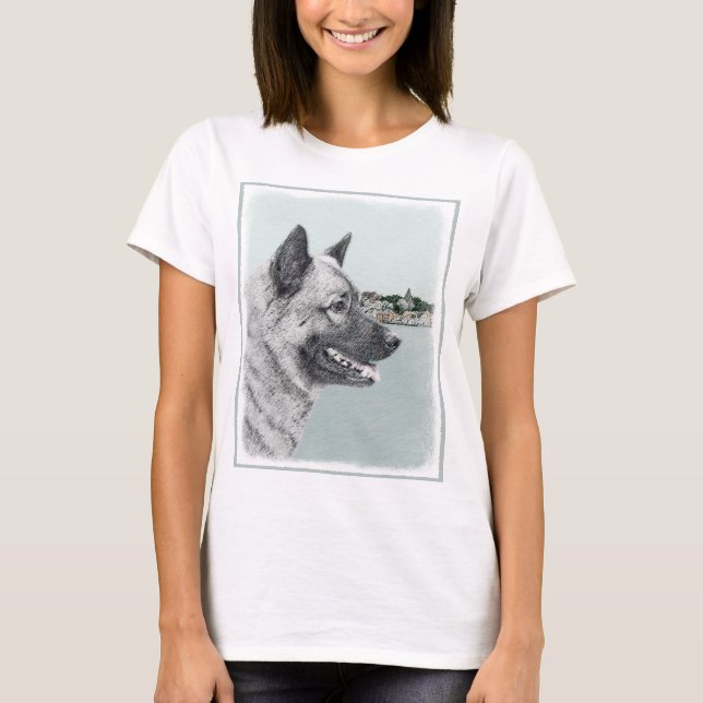 Norwegian Elkhound at Village Painting - Dog Art T-Shirt (Front)