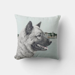 Norwegian Elkhound at Village Painting - Dog Art Throw Pillow