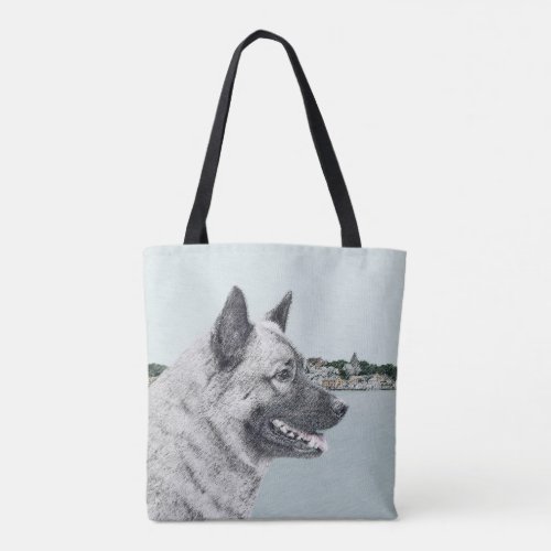 Norwegian Elkhound at Village Painting _ Dog Art Tote Bag