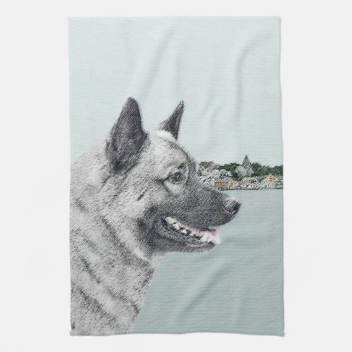 Norwegian Elkhound at Village Painting _ Dog Art Towel