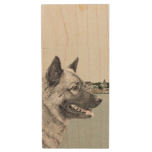 Norwegian Elkhound at Village Painting _ Dog Art Wood Flash Drive
