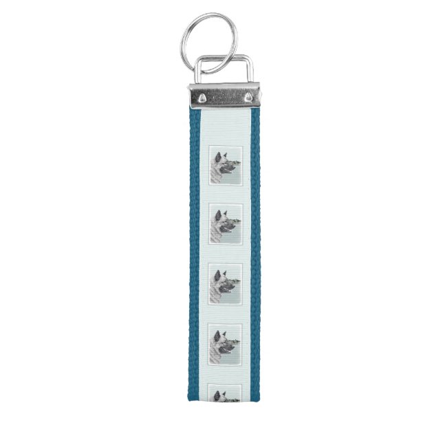 Norwegian Elkhound at Village Painting - Dog Art Wrist Keychain (Keys on Top)