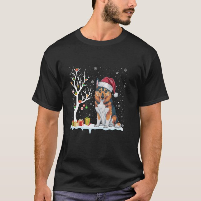 Norwegian Elkhound Dog Santa Hat Festive Tree Ligh T-Shirt (Front)