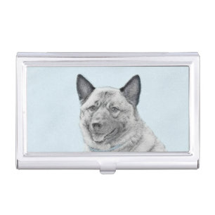 Norwegian Elkhound Painting - Original Dog Art Business Card Case