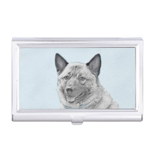 Norwegian Elkhound Painting - Original Dog Art Business Card Case (Front)