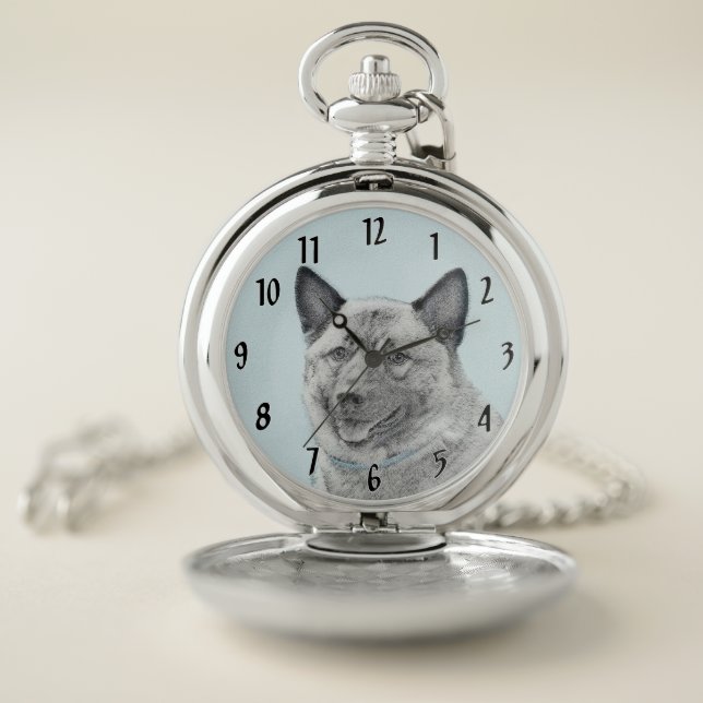 Norwegian Elkhound Painting - Original Dog Art Pocket Watch (Inside)