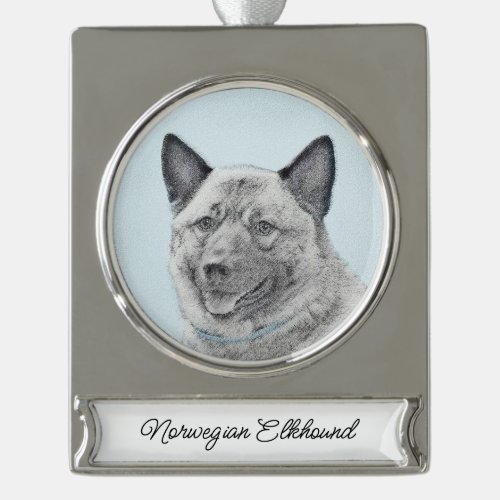 Norwegian Elkhound Painting _ Original Dog Art Sil Silver Plated Banner Ornament