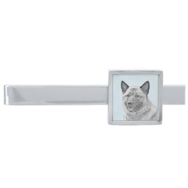 Norwegian Elkhound Painting - Original Dog Art Silver Finish Tie Bar (Front)