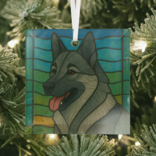 Norwegian Elkhound "Stained Glass" Glass Ornament