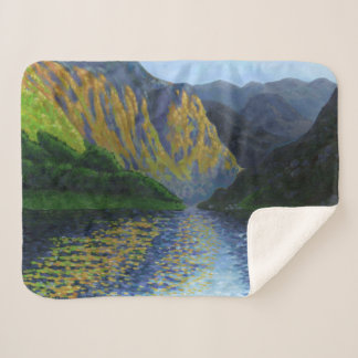 Norwegian fjord approaching sunset sherpa blanket