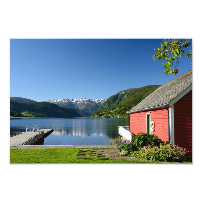 Norwegian fjord view and boathouse photo print (Front)