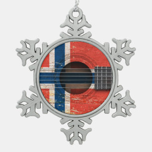 Norwegian Flag on Old Acoustic Guitar Snowflake Pewter Christmas Ornament