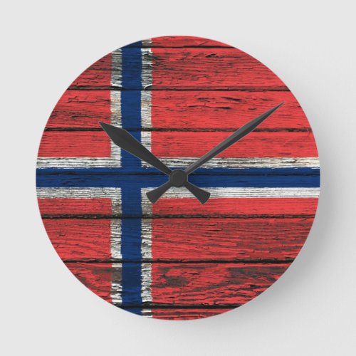 Norwegian Flag with Rough Wood Grain Effect Round Clock