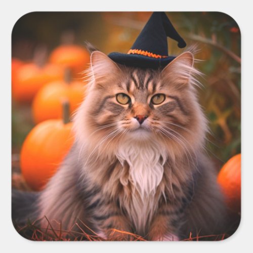 Norwegian Forest Cat In A Witches Hat  Pumpkins  Square Sticker