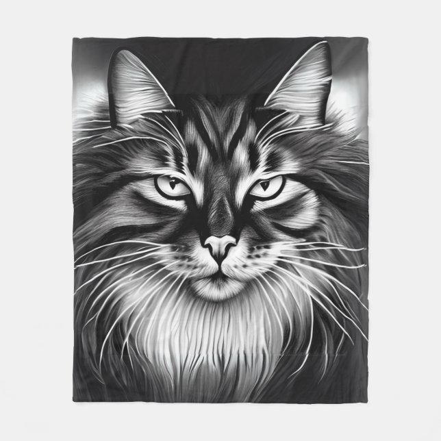 Norwegian Forest Cat in Black and White Fleece Blanket (Front)