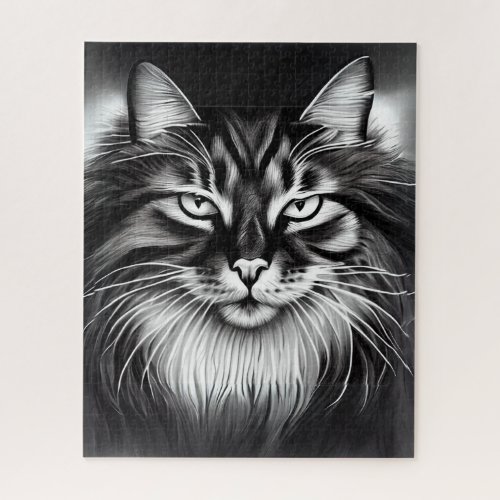 Norwegian Forest Cat in Black and White Jigsaw Puzzle