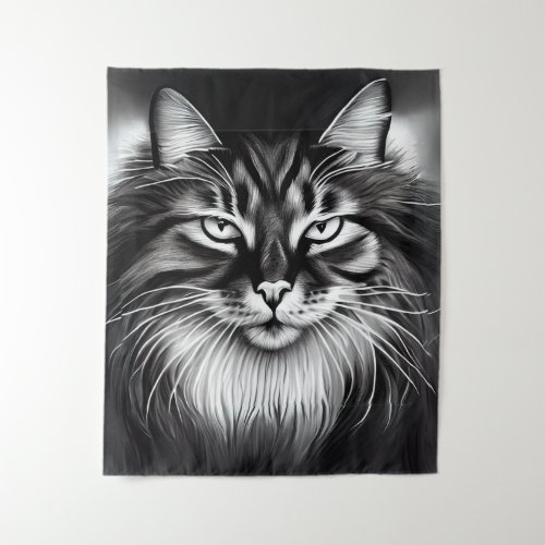 Norwegian Forest Cat in Black and White Tapestry