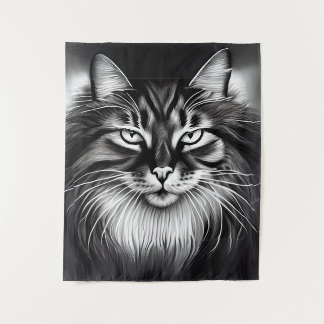Norwegian Forest Cat in Black and White Tapestry (Front)