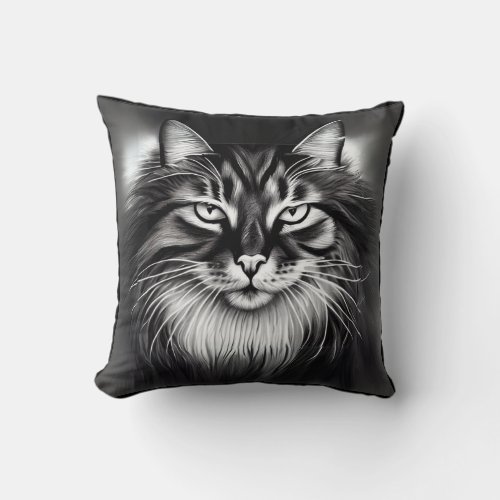 Norwegian Forest Cat in Black and White Throw Pillow