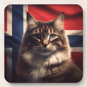 Norwegian Forest Cat In Front Of Norwegian Flag Beverage Coaster