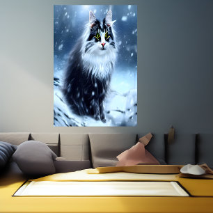 Norwegian forest cat in the snow   AI Art  Poster