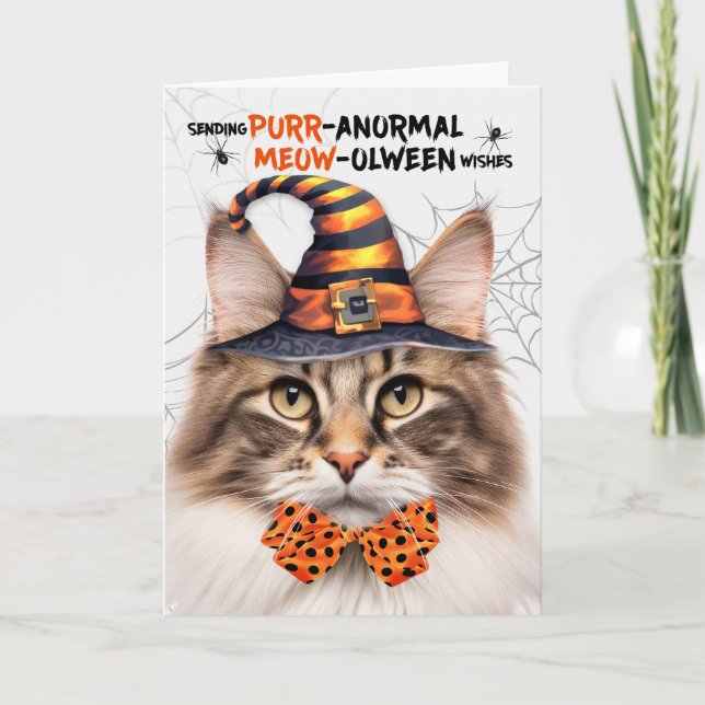 Norwegian Forest Cat PURRanormal MEOWolween Holiday Card (Front)