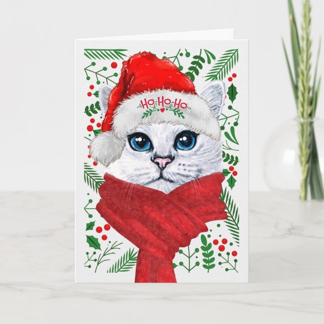 Norwegian Forest Cat Santa Hat Meowy Christmas Holiday Card (Front)